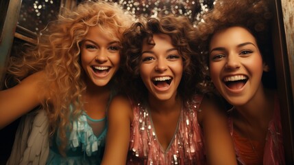 Obraz premium Selfie of happy moments in the photo booth. Group of diverse friends together sharing laughter and positive energy taking a snapshot of the moment. Effervescent glitter with shine and festive essence.