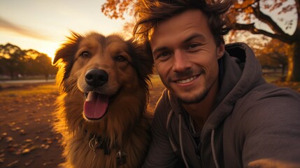 Selfie picture of a young happy man walking his dog in a park , smiling guy and pet having fun together outdoor , friendship and love between humans and animals