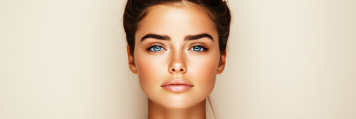 Close-up portrait of a young woman with tanned skin and blue eyes.