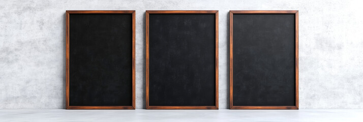 Fototapeta premium Three blank blackboards with wooden frames against a gray wall.