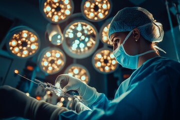 Surgeon in a sterile operating room performing precise procedure under bright lights, focused and skilled in advanced medical care.