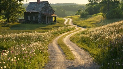 Stone house with a winding path in a field of