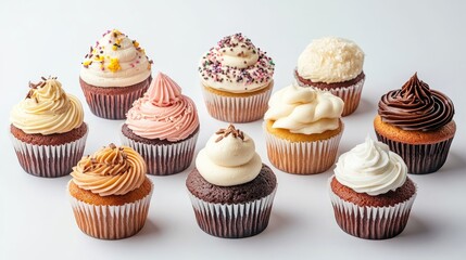 Assorted Cupcakes With Various Frosting Styles on a White Background Generative AI