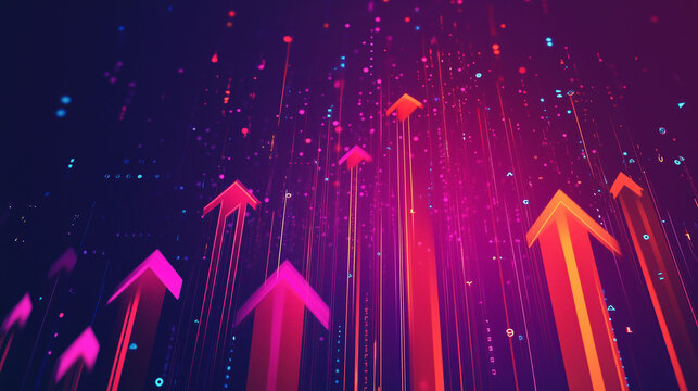 Glowing arrows rising in a futuristic digital environment with vibrant neon colors