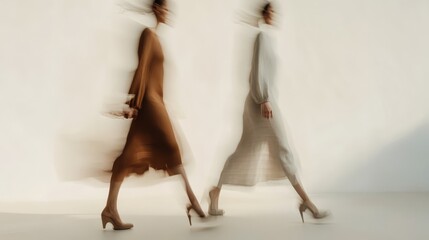 Two figures in motion wearing stylish dresses create an artistic blur effect, symbolizing elegance and modern fashion in soft tones.