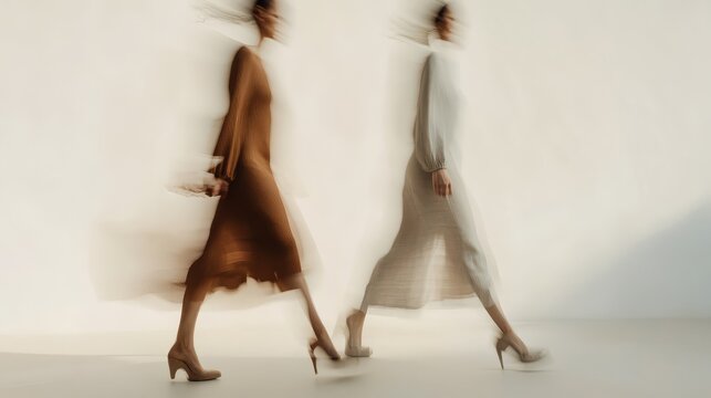 Two figures in motion wearing stylish dresses create an artistic blur effect, symbolizing elegance and modern fashion in soft tones.