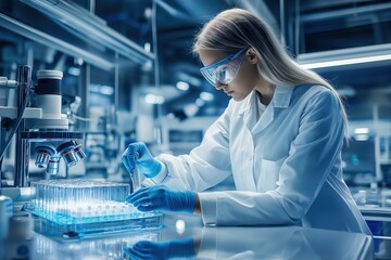 Blonde female scientist conducts experiments in a modern laboratory during evening hours, focused on analysis and research for scientific advancement