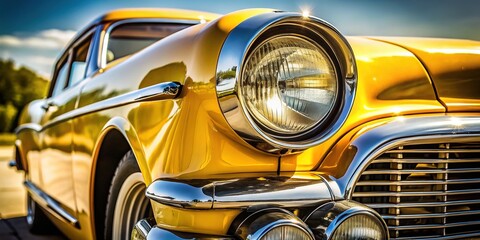 Vibrant yellow classic car's left headlamp shines bright, featuring a rounded chrome bezel and a nostalgic curved design, evoking a sense of retro charm.