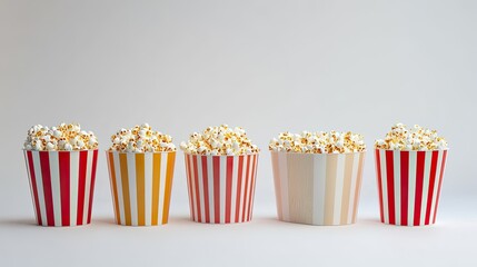 Colorful Popcorn Buckets Lined Up Filled With Fresh Popcorn Kernels Generative AI