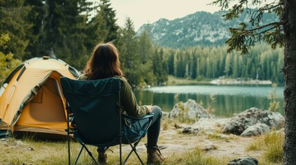 Fototapeta premium Woman enjoying tranquil lakeside camping, surrounded by lush forest and mountains, perfect setting for relaxation and nature escape.