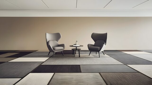 Minimalistic room with carpets, chairs, and table