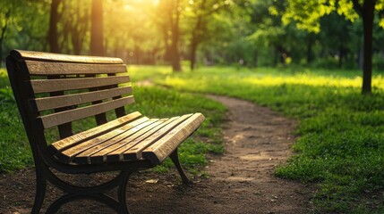 Fototapeta premium Empty wooden bench in the green park