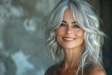 Obraz premium radiant mature beauty closeup portrait of smiling older woman with silver hair laugh lines and vibrant eyes exuding warmth and wisdom against soft natural light