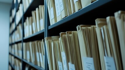 A shelf full of manila folders containing files and information in an office space