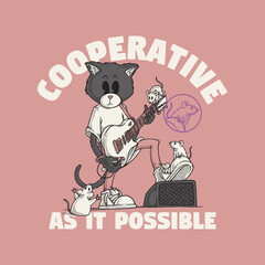 retro cartoon emblem of black cat guitarist 