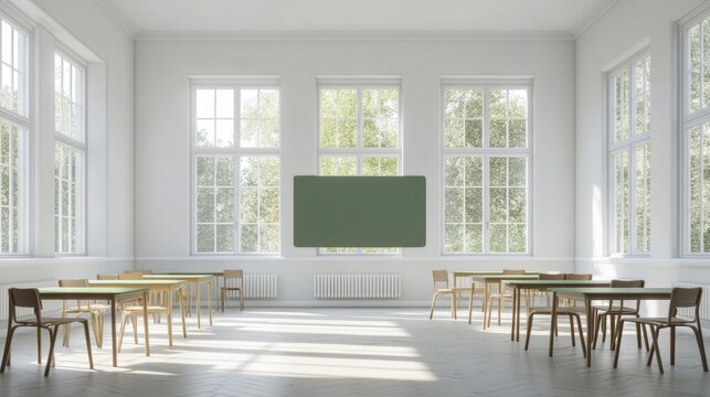 White school classroom interior bright lassroom with windows tables chair green board