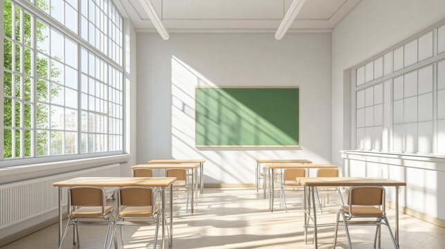 White school classroom interior bright lassroom with windows tables chair green board