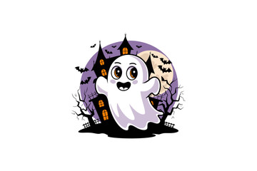 Spooky Boo Ghost Haunting a Haunted House with Creepy Trees