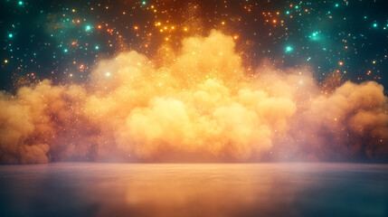 Fototapeta premium Abstract background with glowing clouds, stars, and a reflective surface.