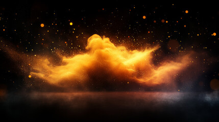Naklejka premium Abstract background of a swirling orange cloud with gold glitter and bokeh lights.