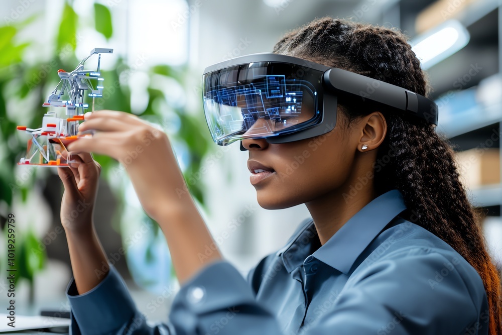 Poster A futuristic classroom where students are using augmented reality to develop tomorrowâ€™s educational solutions, with interactive 3D models and virtual learning tools, symbolizing the future of