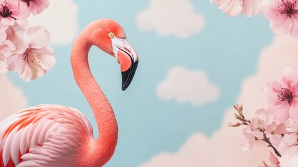 Fototapeta premium A vibrant pink flamingo surrounded by delicate flowers against a pastel blue sky with fluffy clouds, perfect for nature themes.