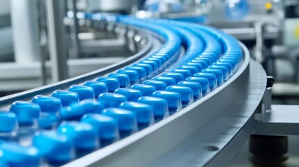 Obraz premium Blue capsules are moving on conveyor at modern pharmaceutical factory tablet and capsule manufacturing process close up shot of medical drug production line