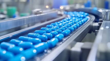 Obraz premium Blue capsules are moving on conveyor at modern pharmaceutical factory tablet and capsule manufacturing process close up shot of medical drug production line