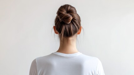 Closeup woman in blank t-shirt hair bun isolated on white background easy hairstyles concept everyday casual simple beauty hair-hacks tricks for work sport lifestyle lazy ideas longhair women