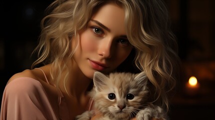 smiling young woman with blond hair in shirt holding adorable rabbit