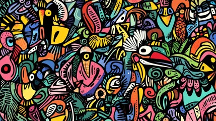 Fototapeta premium Abstract colorful doodle pattern with birds, geometric shapes, and swirls.