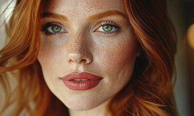 close up of beautiful middle-aged red head woman with freckled skin, and make up, ai generated