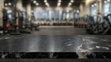 Obraz premium Empty black marble stone table top on blurred with bokeh exercise room fitness and gym interior background - can be used for display or montage your products