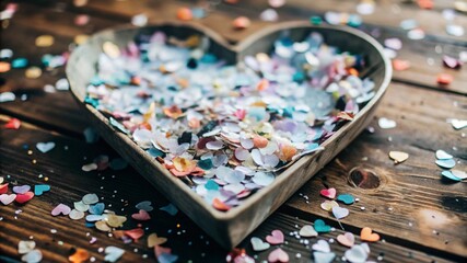 Fototapeta premium Vibrant love confetti in heart shapes scattered on a stylish background, featuring shades of red, pink, and gold, ideal for weddings, romantic celebrations, or adding a joyful touch to special events.