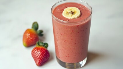 Glass of strawberry and banana smoothie isolated on white background