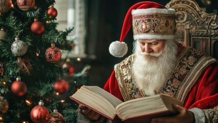 Elderly man in ornate red attire reading a large book by a decorated christmas tree, happy st. nicholas day, ai