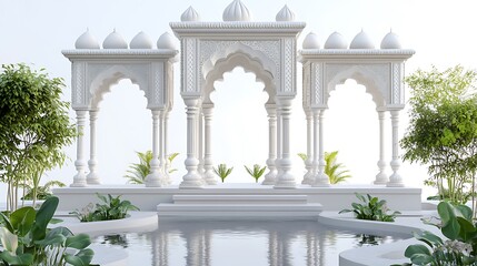 Fototapeta premium Mughal Garden with Blossoming Bougainvillea Vines and Stone Arches 