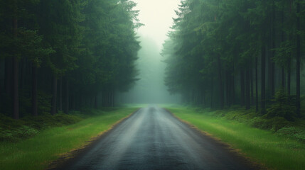 Fototapeta premium A serene forest road surrounded by tall trees creates tranquil atmosphere, inviting exploration and reflection. mist adds mystical touch to this peaceful scene.