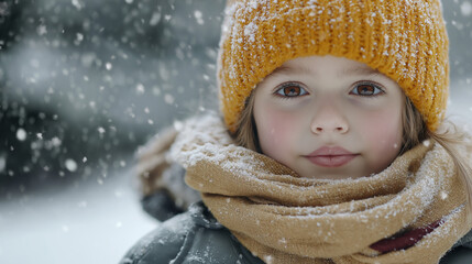 Cute child in winter clothes with rosy cheeks in falling snow.