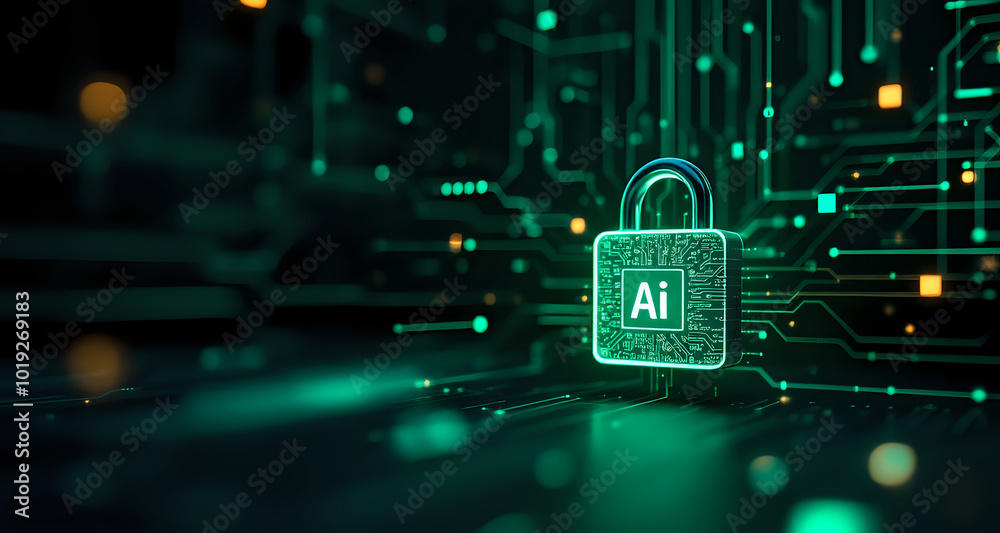 Wall mural digital ai padlock locked for computing system on dark green background, cyber security technology f