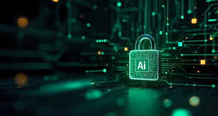Digital Ai  padlock locked for computing system on dark green background, cyber security technology for fraud prevention and privacy data network protection, that says "Ai"