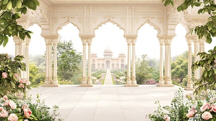 Naklejka premium Ancient Mughal Garden Courtyard with Marble Floors and Verdant Landscaping 