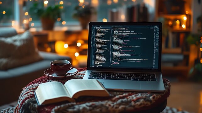 Laptop with coding on the screen, a novel beside it, and coffee on the table, book and laptop coffee break, tech meets relaxation