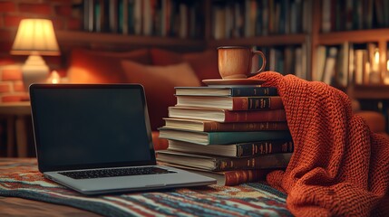 Stack of books, a laptop, and a halfempty coffee cup in a cozy study corner, book and laptop coffee break, intellectual downtime