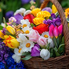 Obraz premium A vibrant basket filled with a variety of colorful flowers, showcasing nature's beauty.