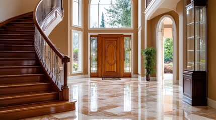 Stunning two story entry foyer with lots of space boasts marble mosaic tile floor front door framed with arch window and sidelights grand staircase with glossy wood curved banister northwest usa