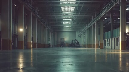 Empty Industrial Warehouse with High Ceilings and Lighting