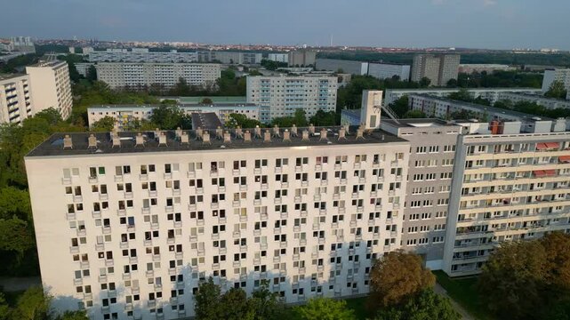 halle neustadt plattenbau worker district. Unique aerial view flight drone