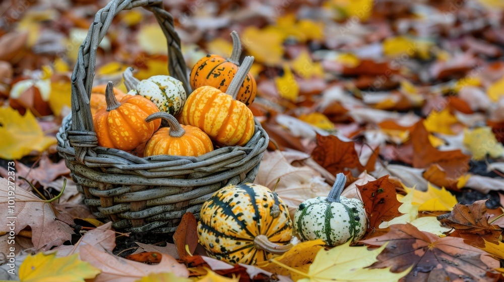 Sticker Autumn Basket with Colorful Pumpkins and Leaves