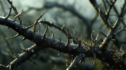Close-up of a thorny branch with a blurry background of more branches.